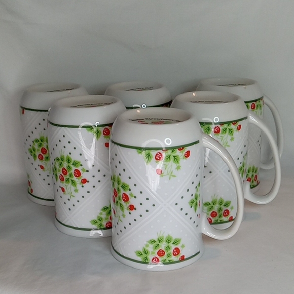 Vintage 70's Enesco Swiss Strawberry Dot Coffee Mugs Set of 6 - Picture 1 of 7